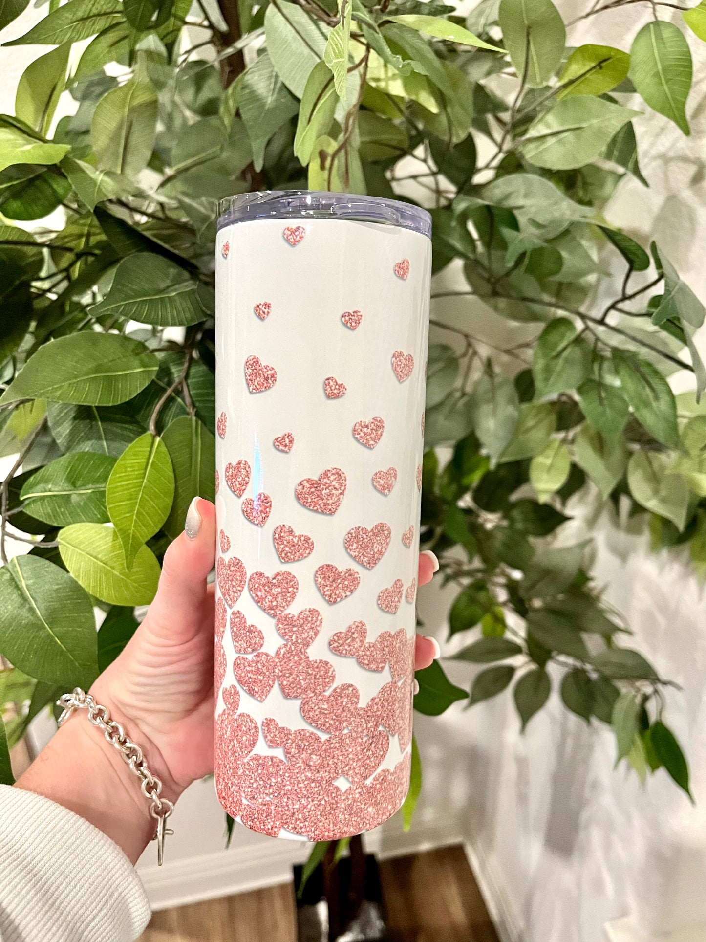 Pink glitter hearts tumbler